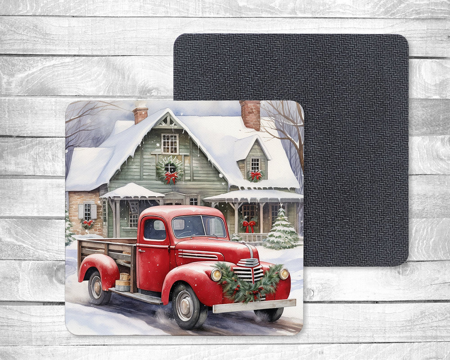 Red Winter Truck - Absorbent Drink Coasters - Individual or set of 4 - Non-Slip Base - Neoprene