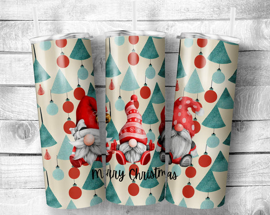 Merry Christmas Gnome Tumbler - 20oz Skinny Straight Tumbler - Stainless Steel - Travel Cup - Holiday Themed