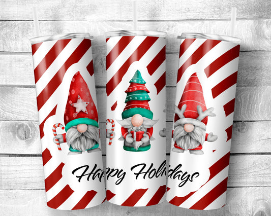 Happy Holidays Gnome Tumbler - 20oz Skinny Straight Tumbler - Stainless Steel - Travel Cup - Holiday Themed