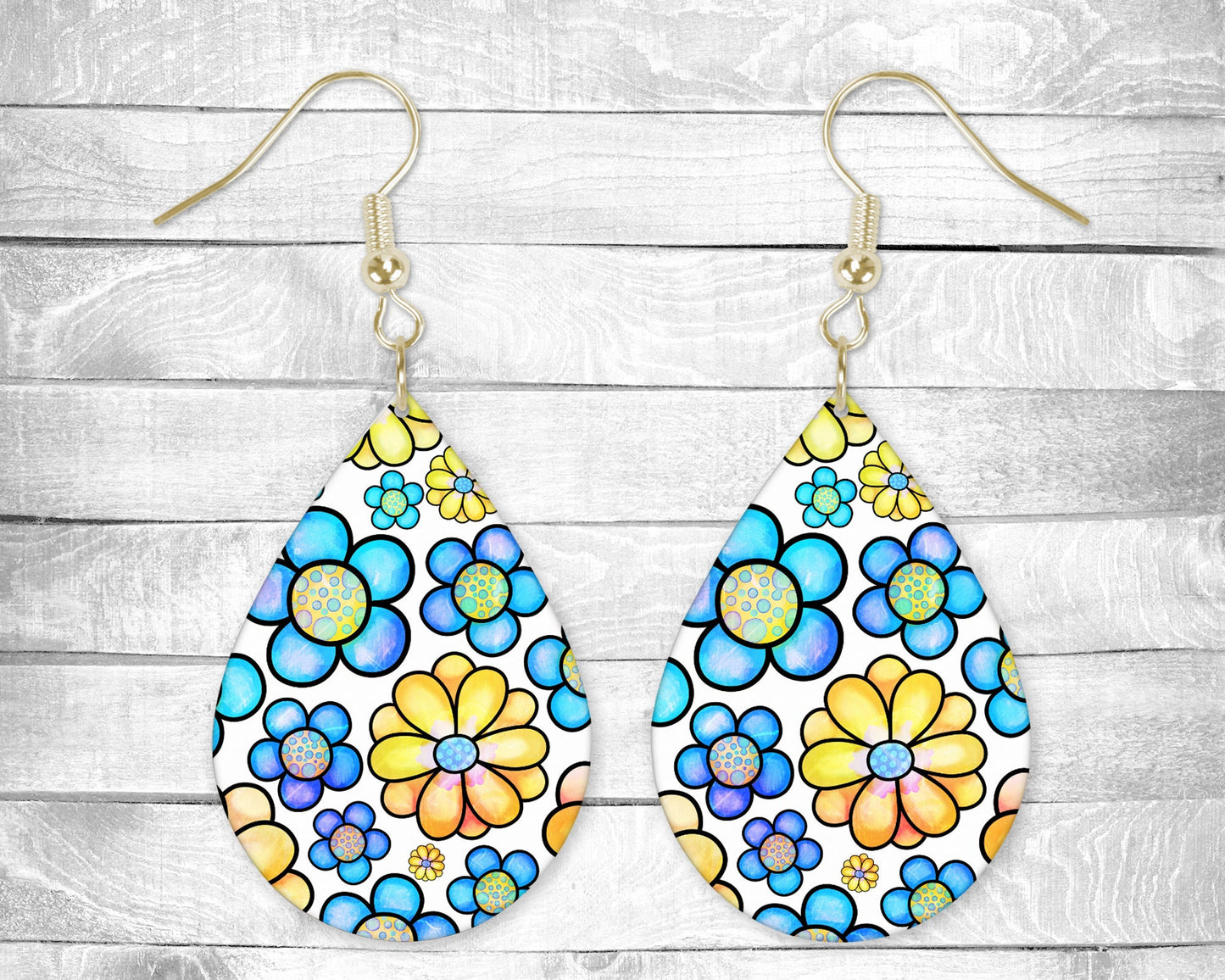 Blue and Yellow Cartoon Flowers Pierced Earrings - Permanent Design - Silver or Gold Hardware