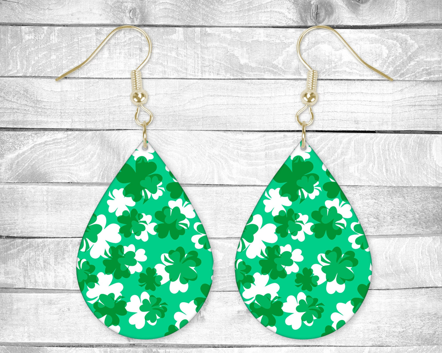Shamrocks, Green and White St Patrick's Day Pierced Earrings - Permanent Design - Silver or Gold Hardware