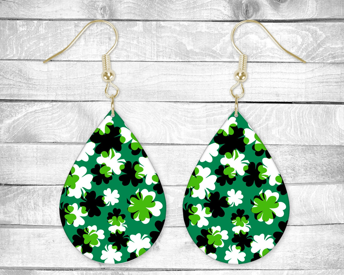 Shamrocks, Light Green, Dark Green and White St Patrick's Day Pierced Earrings - Permanent Design - Silver or Gold Hardware