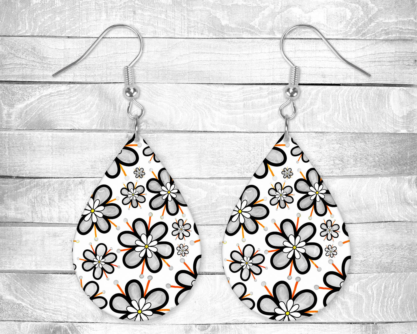 Black and White Cartoon Flowers Pierced Earrings - Permanent Design - Silver or Gold Hardware