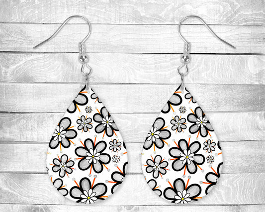 Black and White Cartoon Flowers Pierced Earrings - Permanent Design - Silver or Gold Hardware