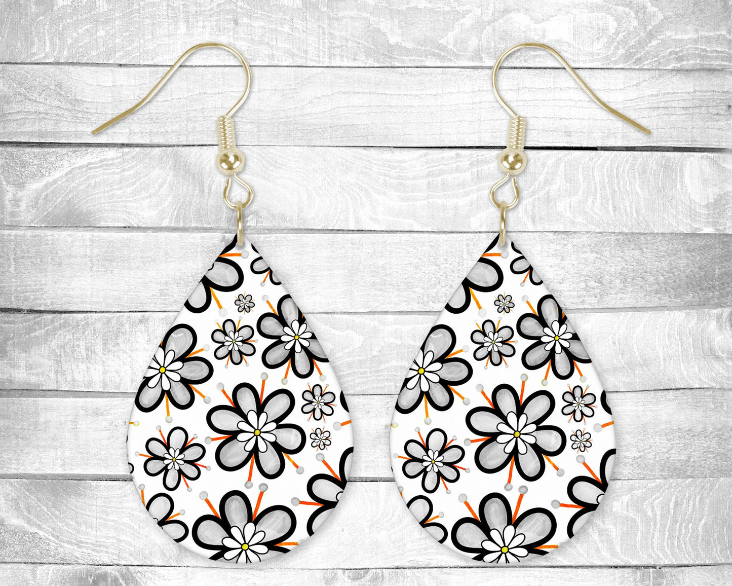 Black and White Cartoon Flowers Pierced Earrings - Permanent Design - Silver or Gold Hardware