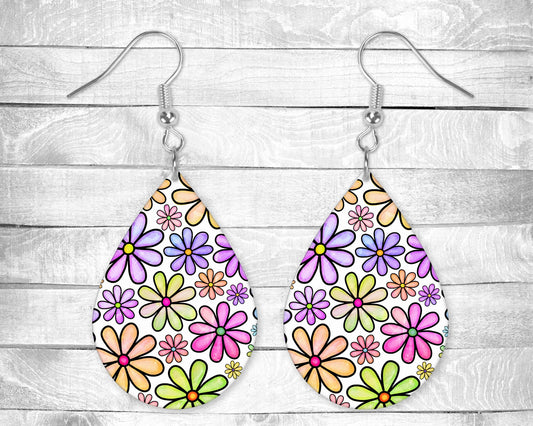 Colorful Cartoon Flowers Pierced Earrings - Permanent Design - Silver or Gold Hardware