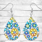 Blue and Yellow Cartoon Flowers Pierced Earrings - Permanent Design - Silver or Gold Hardware