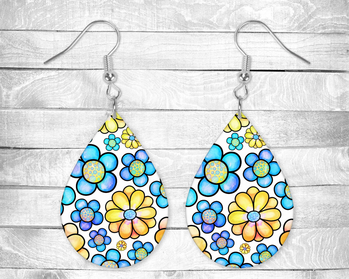 Blue and Yellow Cartoon Flowers Pierced Earrings - Permanent Design - Silver or Gold Hardware