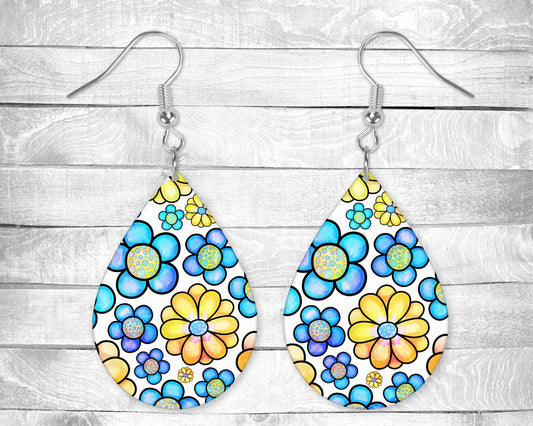 Blue and Yellow Cartoon Flowers Pierced Earrings - Permanent Design - Silver or Gold Hardware