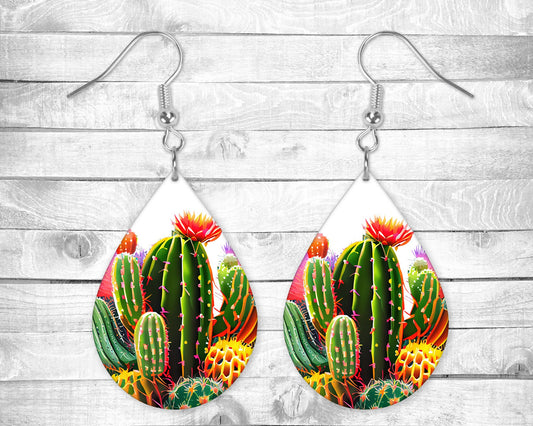 Colorful Cactus Pierced Earrings - Permanent Design - Silver or Gold Hardware