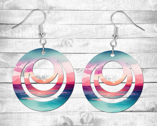 Ocean Sunset Pierced Earrings - Permanent Design - Silver or Gold Hardware