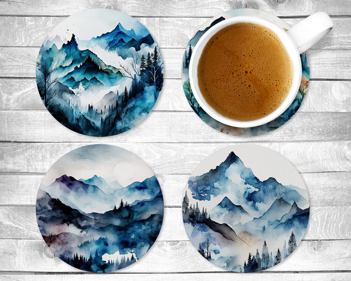 Blue Mountains Absorbent Drink Coasters - Individual or set of 4 - Non-Slip Base - Neoprene