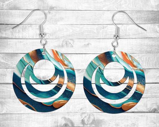Copper and Blue Paint Styled Pierced Earrings - Permanent Design - Silver or Gold Hardware