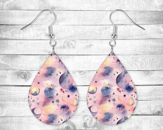 Pastel Moon and Stars Pierced Earrings - Permanent Design - Silver or Gold Hardware