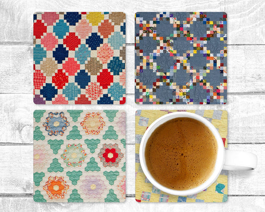 Quilting Fun Absorbent Drink Coasters - Individual or set of 4 - Non-Slip Base - Neoprene