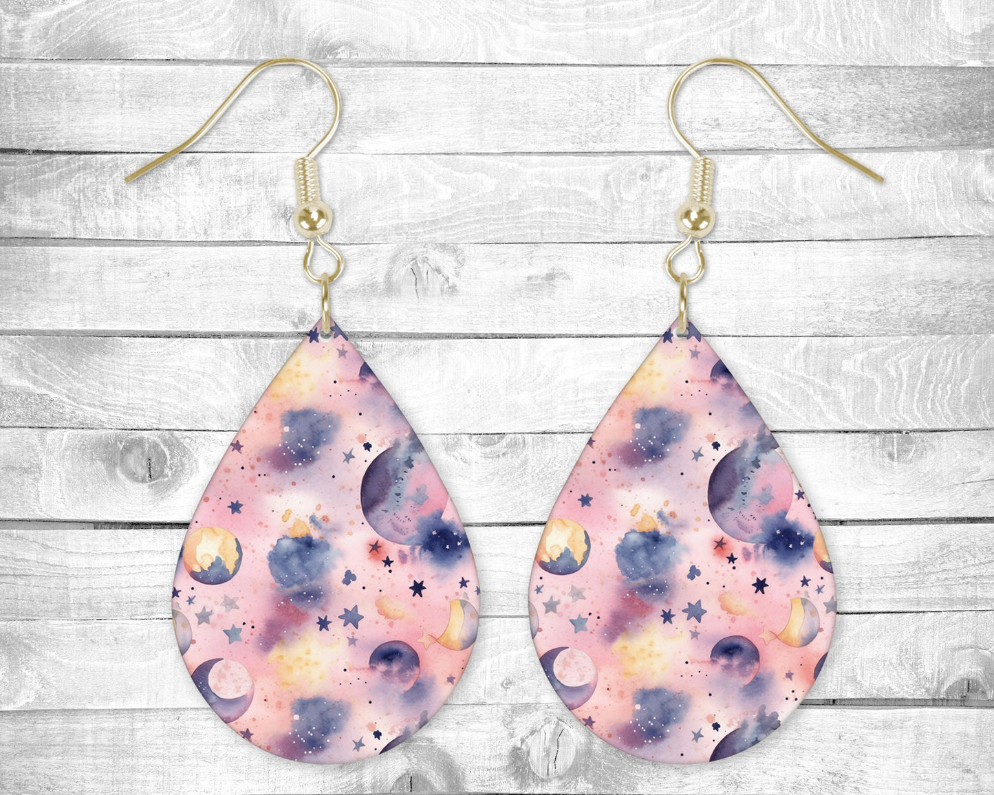 Pastel Moon and Stars Pierced Earrings - Permanent Design - Silver or Gold Hardware
