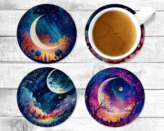Mystical Moon Absorbent Drink Coasters - Individual or set of 4 - Non-Slip Base - Neoprene