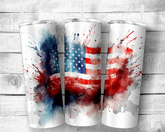 Watercolor Flag - 20oz Skinny Straight Tumbler - Stainless Steel - Travel Cup - Gift - Independence Day - Everyday Use