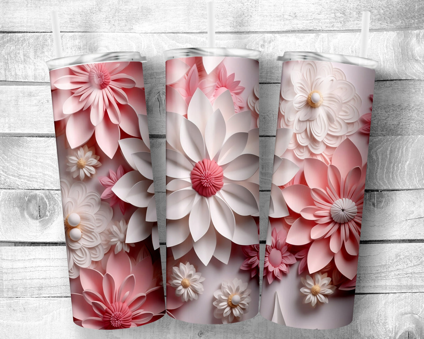 Pink Flowers - 20oz Skinny Straight Tumbler - 3D Design - Stainless Steel - Travel Cup - Gift - Everyday Use