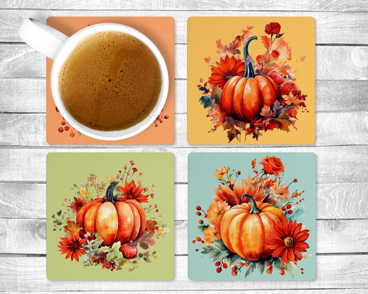 Holiday Pumpkins Absorbent Drink Coasters - Individual or set of 4 - Non-Slip Base - Neoprene