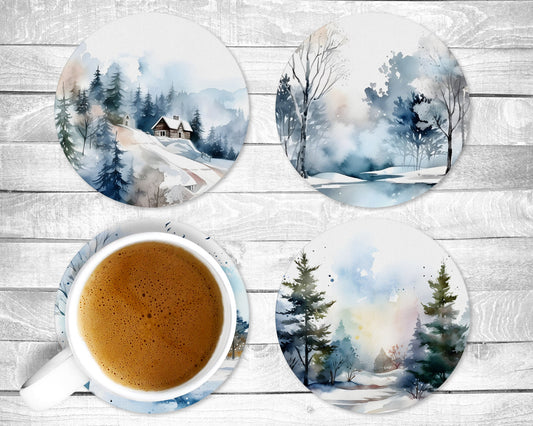 Winter Wonderland Absorbent Drink Coasters - Individual or set of 4 - Non-Slip Base - Neoprene