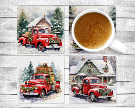 Red Winter Truck - Absorbent Drink Coasters - Individual or set of 4 - Non-Slip Base - Neoprene