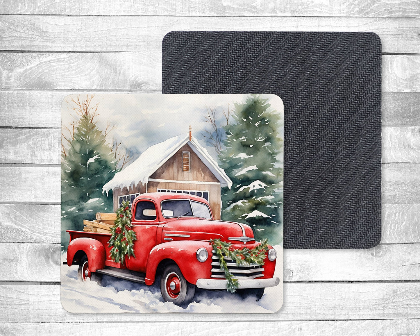 Red Winter Truck - Absorbent Drink Coasters - Individual or set of 4 - Non-Slip Base - Neoprene