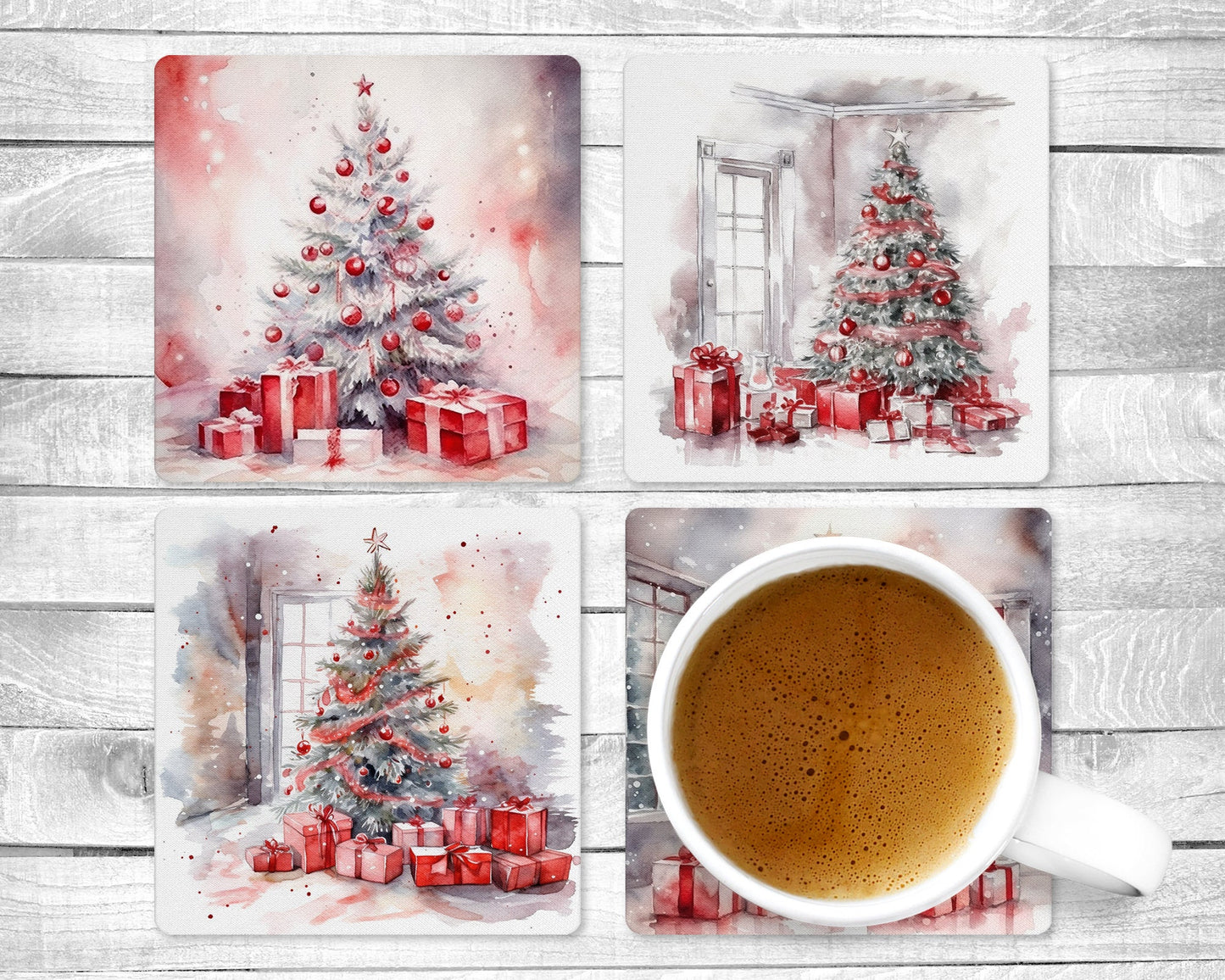 Christmas In Red - Absorbent Drink Coasters - Individual or set of 4 - Non-Slip Base - Neoprene
