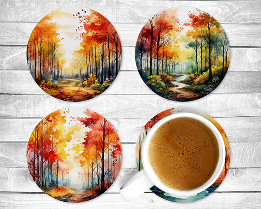 Watercolor Fall Absorbent Drink Coasters - Individual or set of 4 - Non-Slip Base - Neoprene