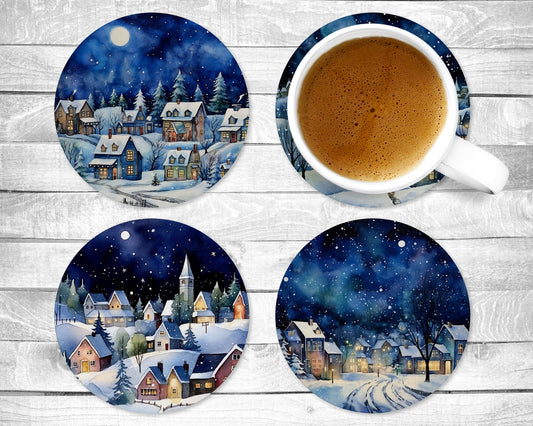 Snowy Night Absorbent Drink Coasters - Individual or set of 4 - Non-Slip Base - Neoprene