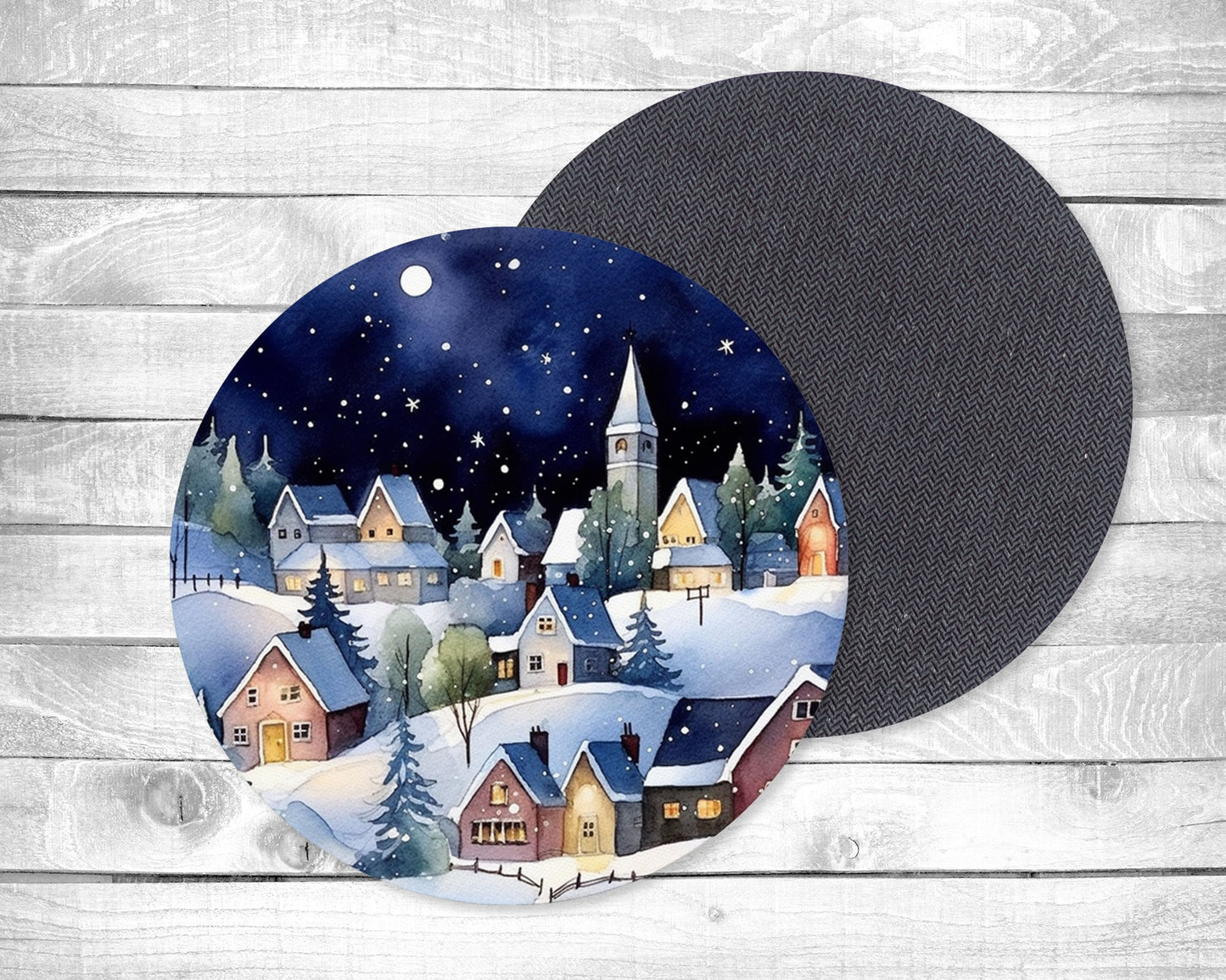 Snowy Night Absorbent Drink Coasters - Individual or set of 4 - Non-Slip Base - Neoprene