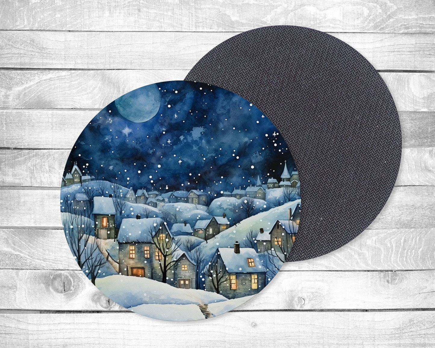 Snowy Night Absorbent Drink Coasters - Individual or set of 4 - Non-Slip Base - Neoprene
