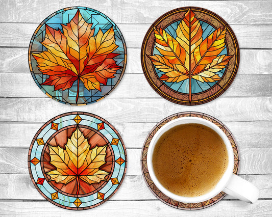 Stained Glass Style Leaves - Absorbent Drink Coasters - Individual or set of 4 - Non-Slip Base - Neoprene