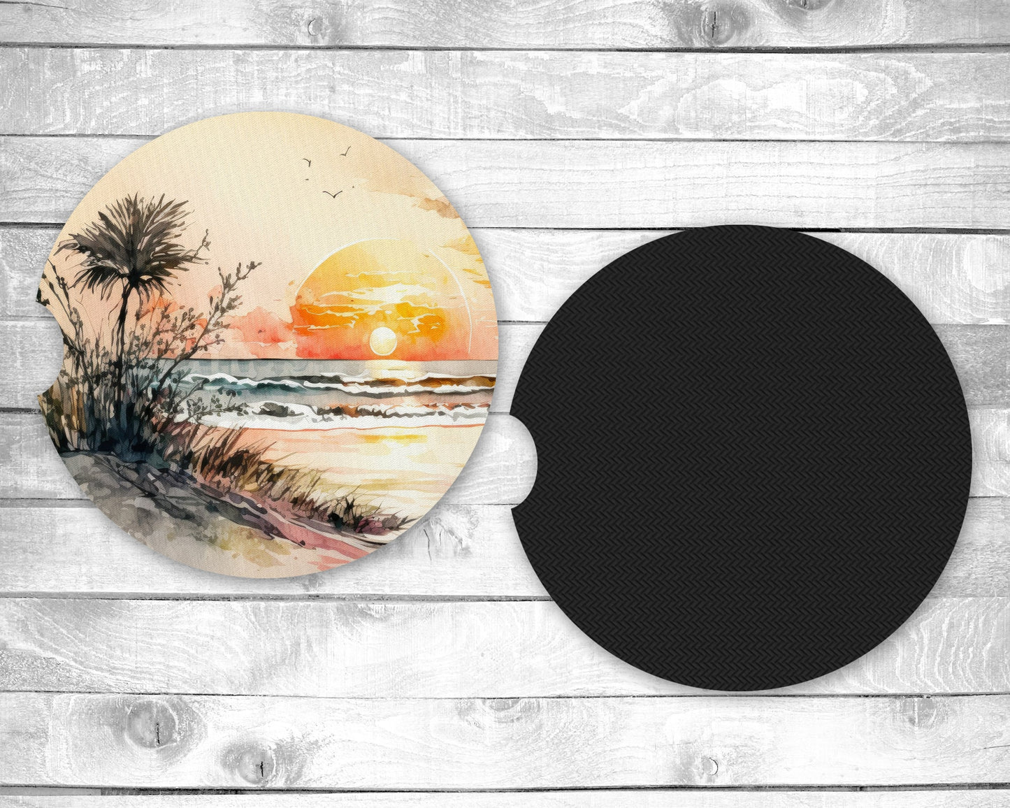 Sunset Beach Absorbent Car Coasters - Set of 2 - Non-Slip Base - Neoprene