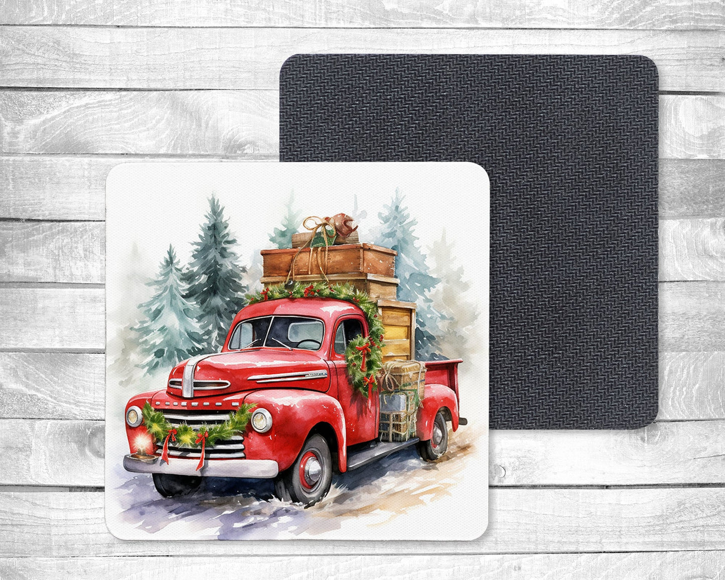 Red Winter Truck - Absorbent Drink Coasters - Individual or set of 4 - Non-Slip Base - Neoprene