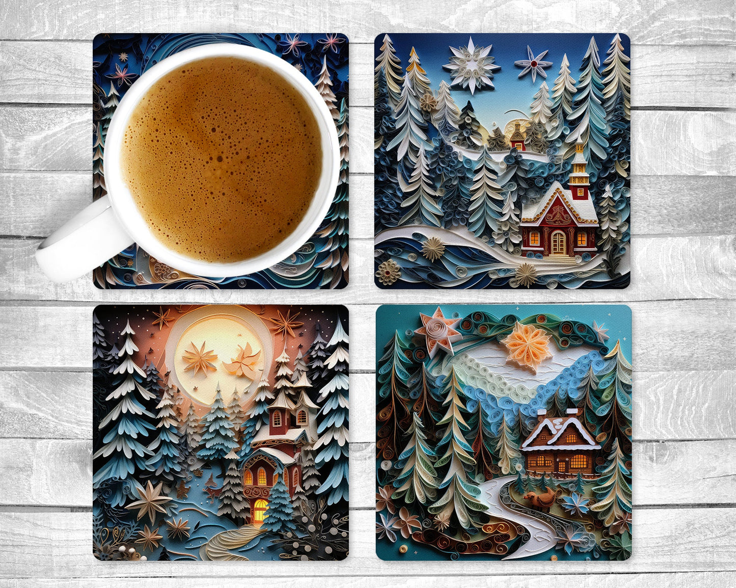 Blue Winter Absorbent Drink Coasters - Individual or set of 4 - Non-Slip Base - Neoprene