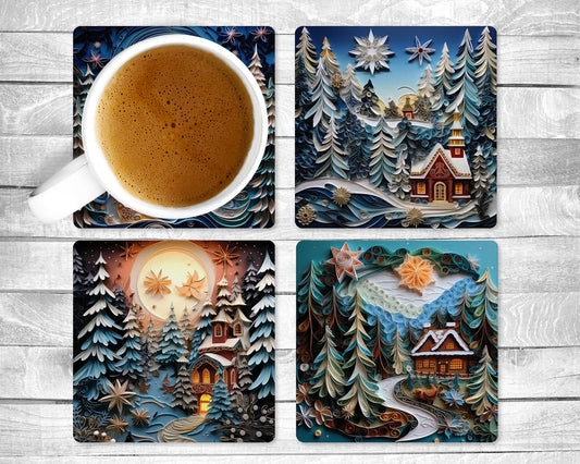 Blue Winter Absorbent Drink Coasters - Individual or set of 4 - Non-Slip Base - Neoprene