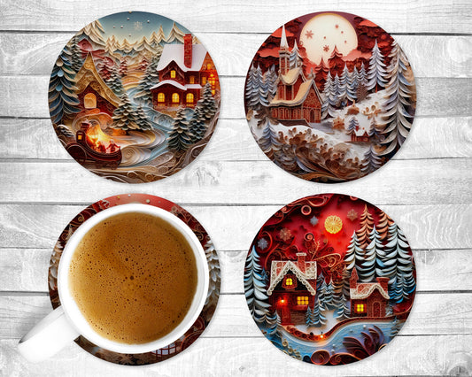 Red Winter Absorbent Drink Coasters - Individual or set of 4 - Non-Slip Base - Neoprene