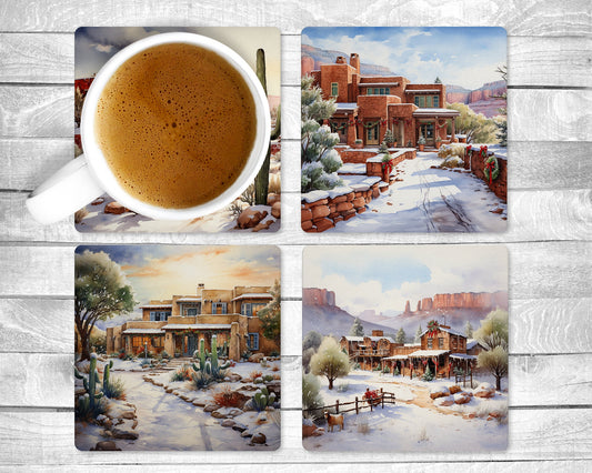 Southwest Christmas Absorbent Drink Coasters - Individual or set of 4 - Non-Slip Base - Neoprene