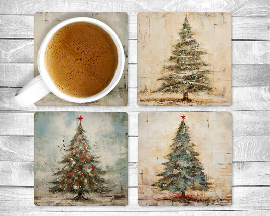 Vintage Christmas Absorbent Drink Coasters - Individual or set of 4 - Non-Slip Base - Neoprene