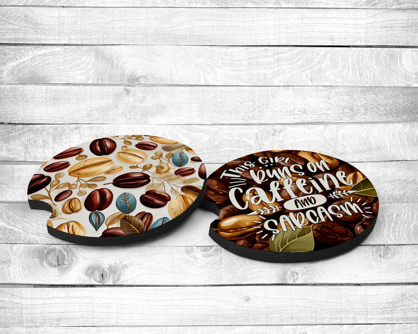 Caffine and Sarcasm Absorbent Car Coasters - Set of 2 - Non-Slip Base - Neoprene