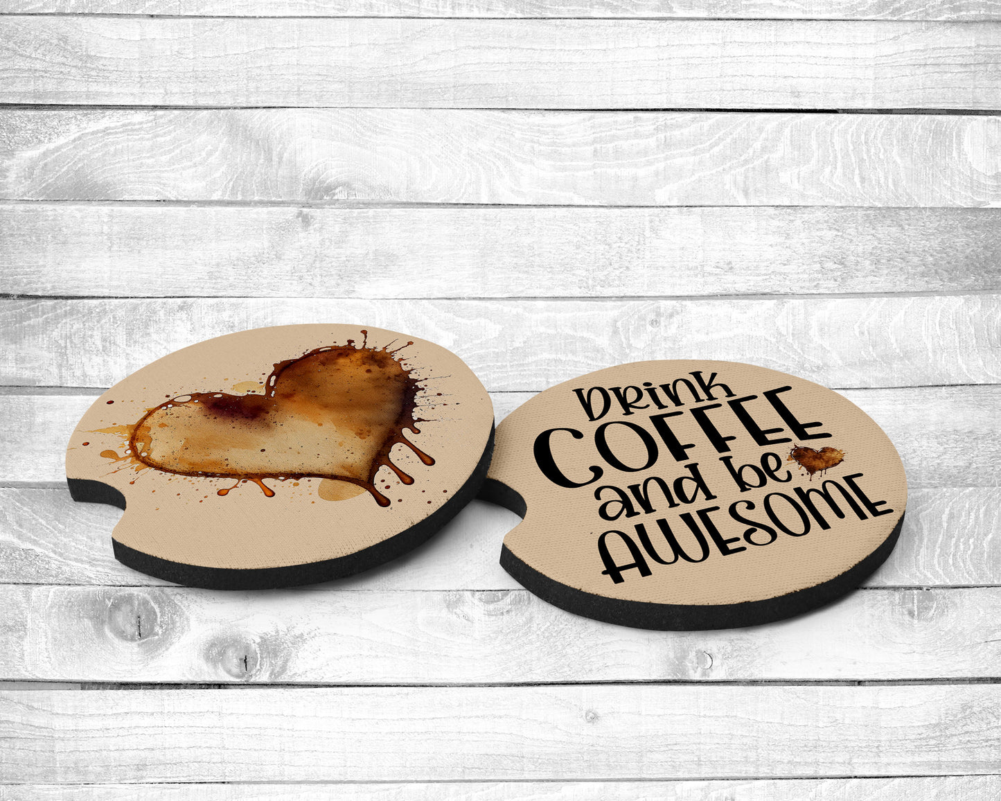 Coffee Time Absorbent Car Coasters - Set of 2 - Non-Slip Base - Neoprene