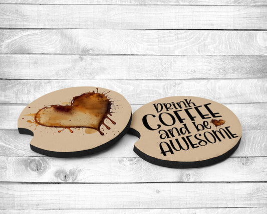 Coffee Time Absorbent Car Coasters - Set of 2 - Non-Slip Base - Neoprene