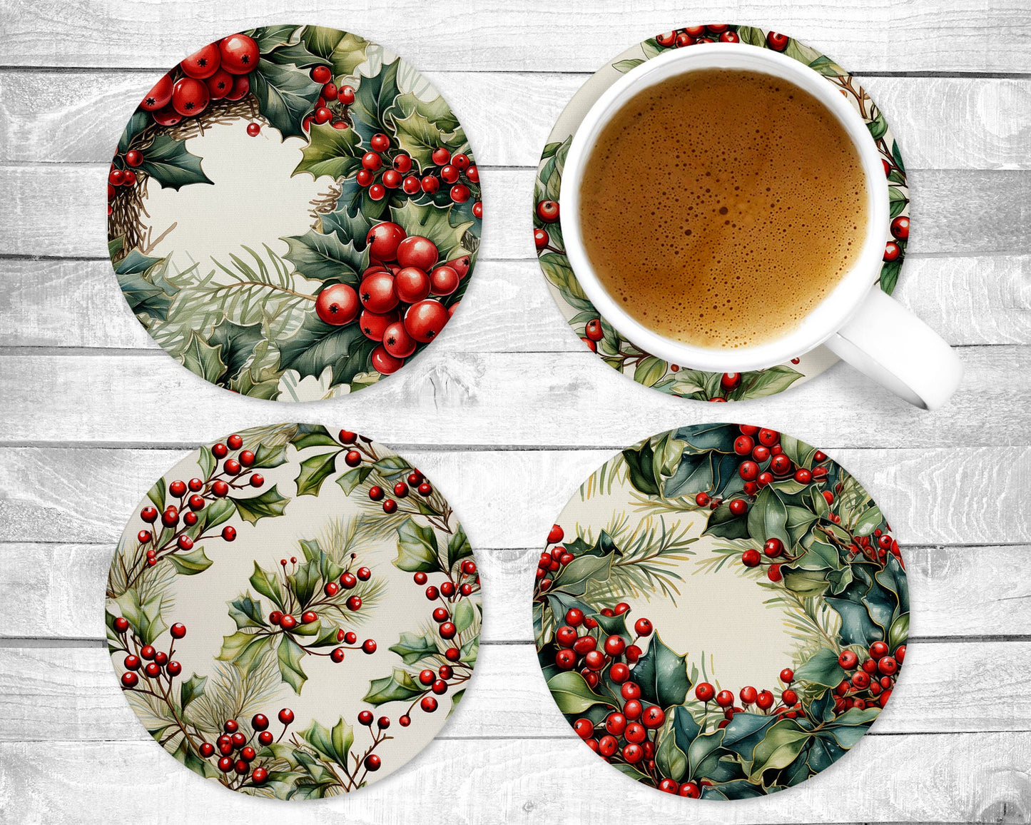 Holly Absorbent Drink Coasters - Individual or set of 4 - Non-Slip Base - Neoprene