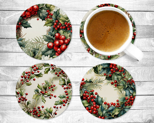 Holly Absorbent Drink Coasters - Individual or set of 4 - Non-Slip Base - Neoprene