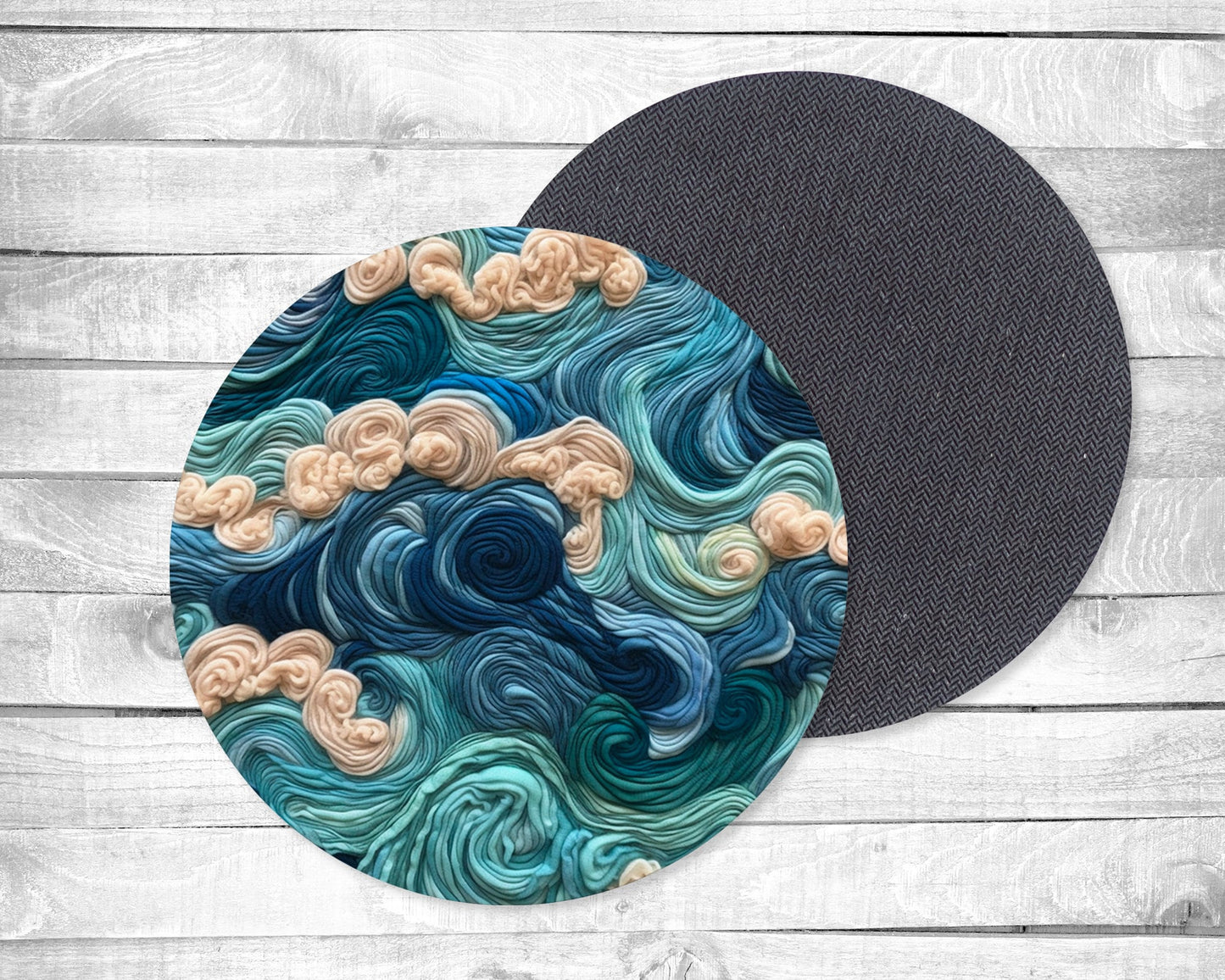 Embroidered Style Waves Absorbent Drink Coasters - Individual or set of 4 - Non-Slip Base - Neoprene