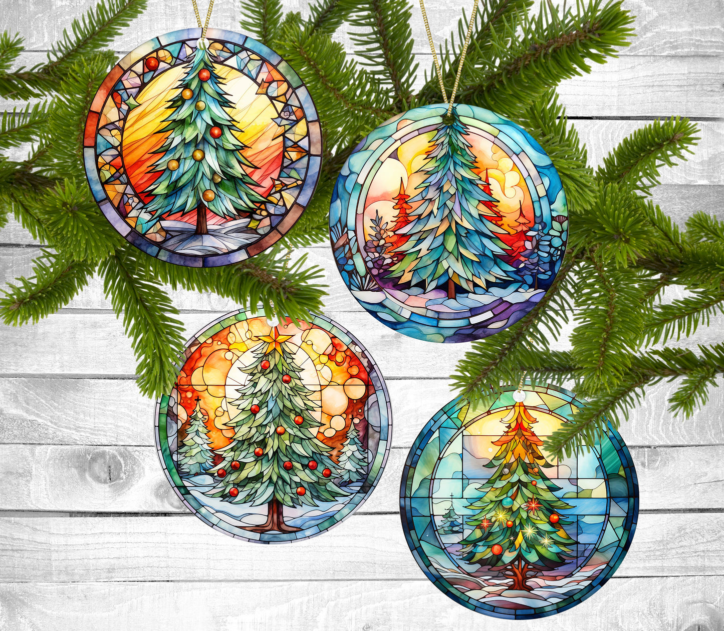 Bright Christmas Trees - Christmas Ornaments - Set of 4 - Holiday Gift