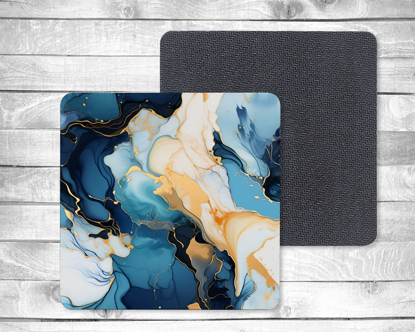 Abstract Blue and Gold Absorbent Drink Coasters - Individual or set of 4 - Non-Slip Base - Neoprene