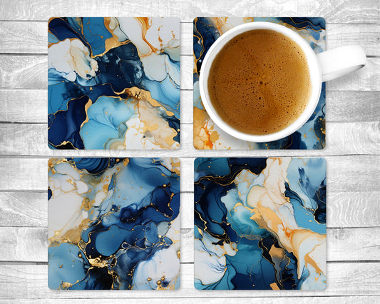 Abstract Blue and Gold Absorbent Drink Coasters - Individual or set of 4 - Non-Slip Base - Neoprene