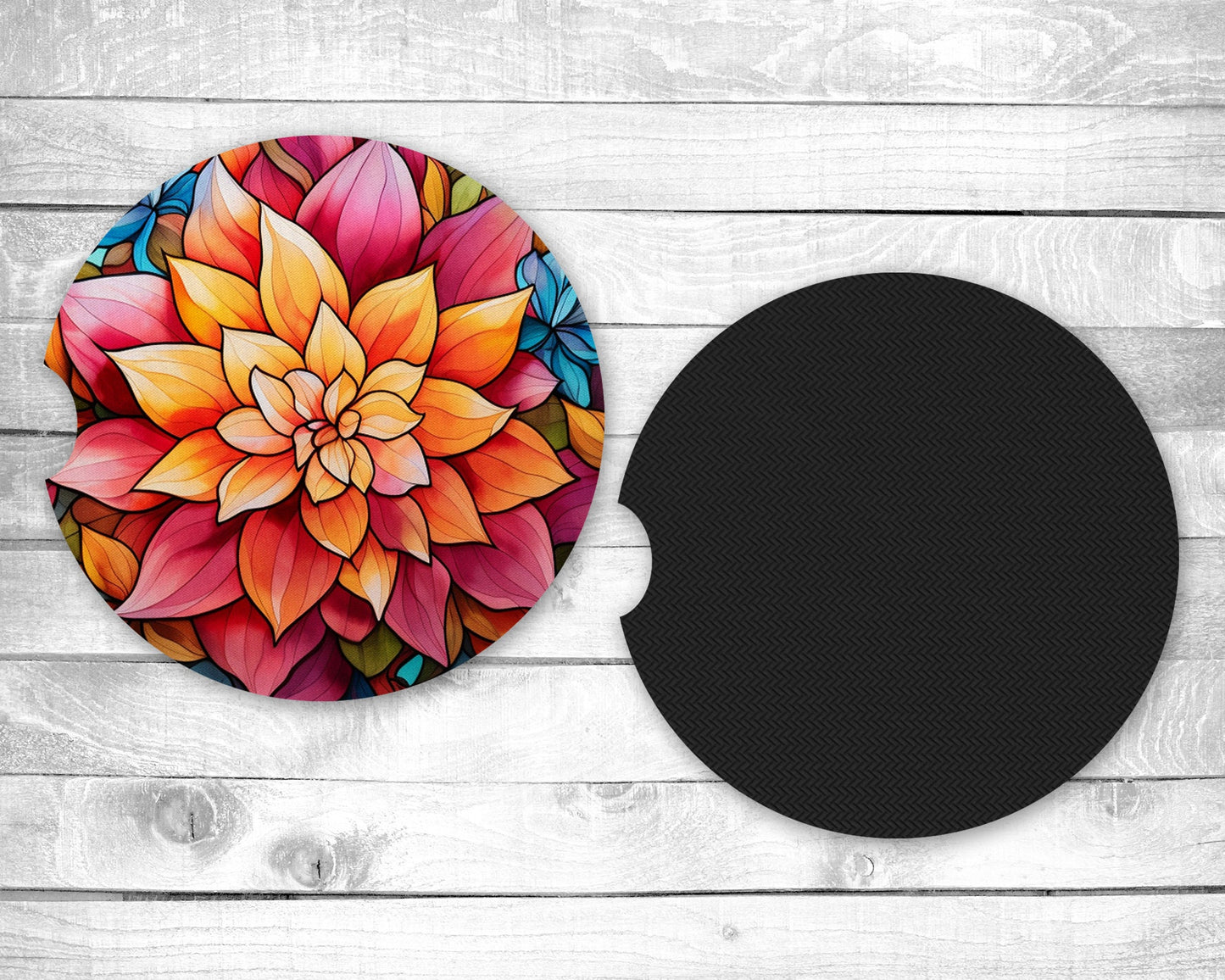 Mandela Flowers Absorbent Car Coasters - Set of 2 - Non-Slip Base - Neoprene